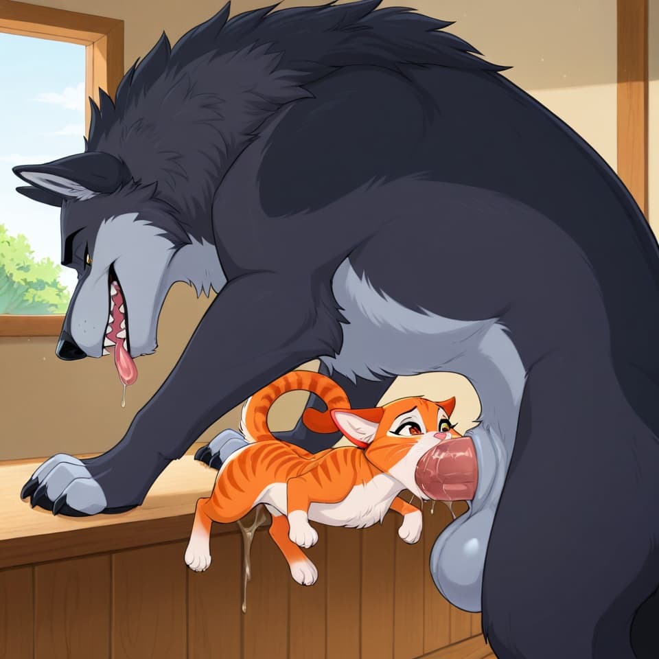 Duo, (Male wolf, huge, (feral:1.3), humanoid_penis), (female house_cat, (feral:1.3)), oral_penetration, feral_on_feral, feral_penetrating_feral, size_difference, larger_male, (female_penetrated:1.3),