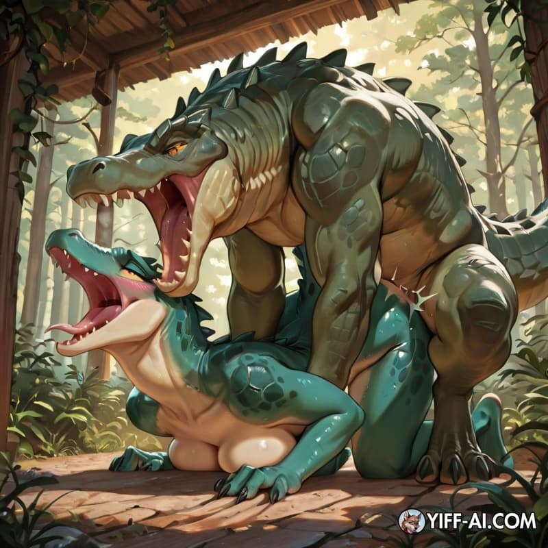 bestiality, feral_penetrating_anthro, crocodile,lizard,reptile, vaginal_knotting, stuck, stuck_together, male_penetrating_female, roaring, blushing_profusely, panting,
