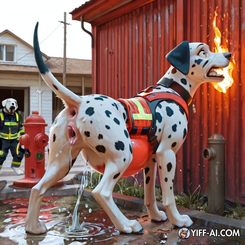 dog, feral, female, dalmatian, canid, animal_genitalia, canine_vulva, slim, firefighter, service_dog_harness, side_view, public, fire_hydrant, leaking, accident water_stream_hits_vagina, water_inflati