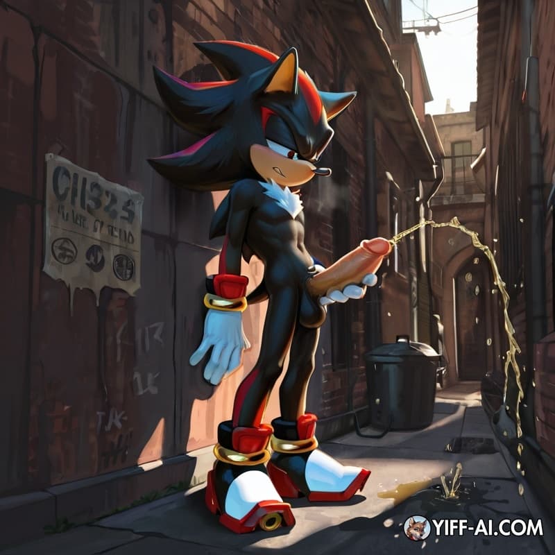 shadow_the_hedgehog, standing, humanoid_penis, medium_penis, erection, alley, pissing_on_wall, urine_stream,