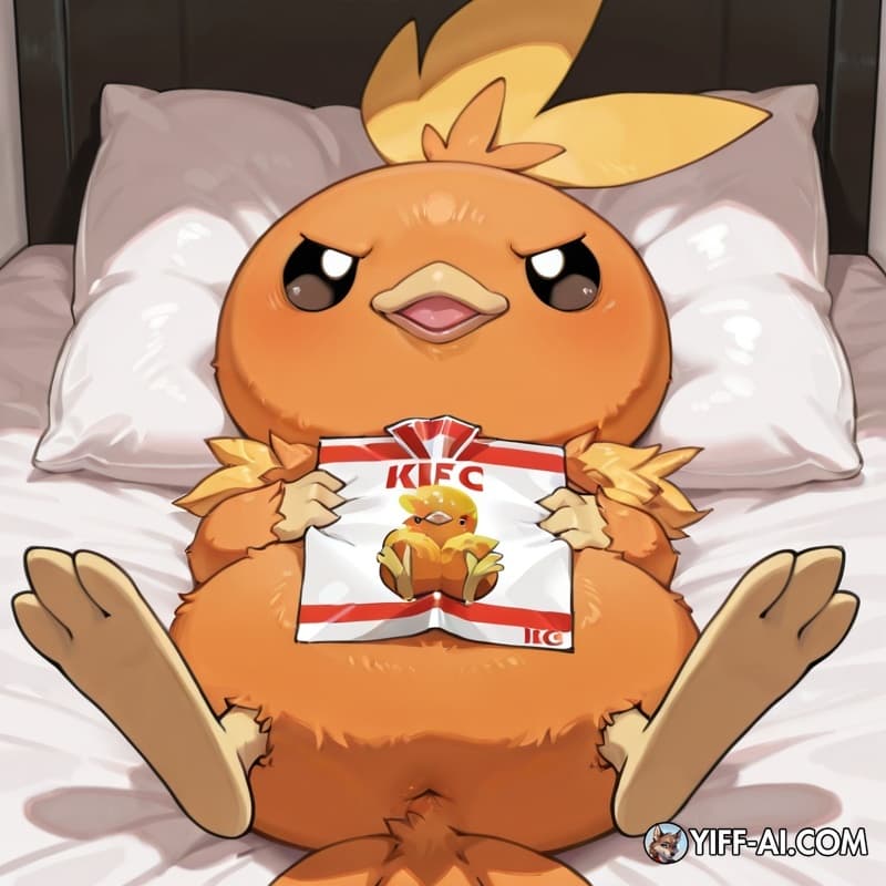 draw the pokemon torchic. laying on her back covering her her body with kfc chicken