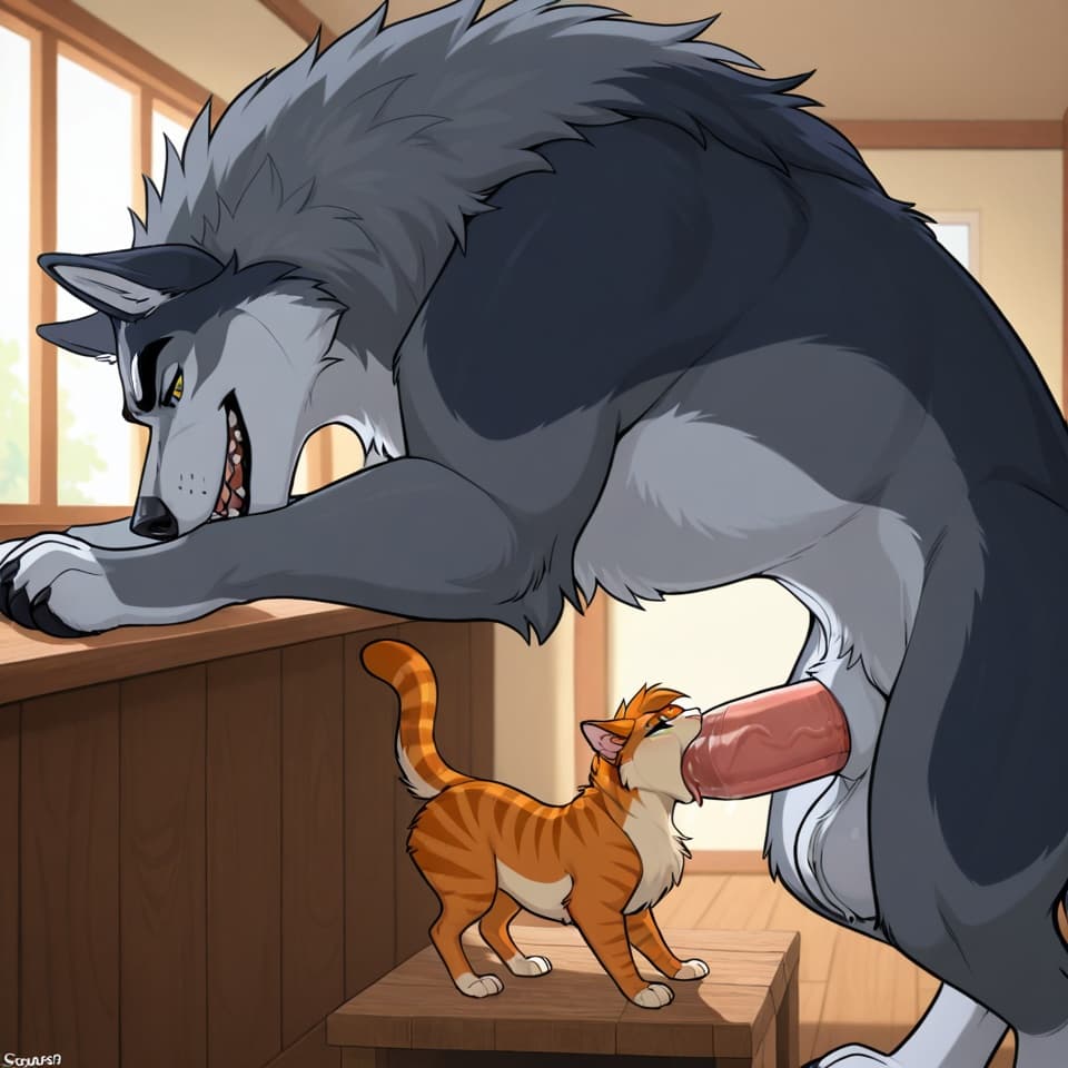 Duo, (Male wolf, huge, (feral:1.3), humanoid_penis), (female house_cat, (feral:1.3)), oral_penetration, feral_on_feral, feral_penetrating_feral, size_difference, larger_male, (female_penetrated:1.3),