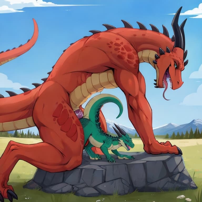 trio, dragon, kobold, male, female, larger_male, big_penis, size_difference, nude, vaginal_penetration, living_condom, cum_in_vagina, playful, outside, (feral_penetrating:1.3), (feral_male:1.3), (domi