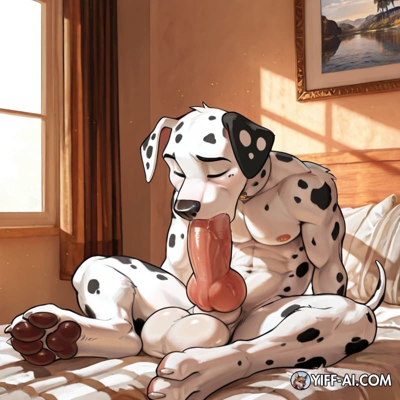 Solo, anthro, Dalmatian, teenager, muscular_anthro, digitigrade, big_feet, big_paw, big_cock, knot, autofellatio, horny, bedroom