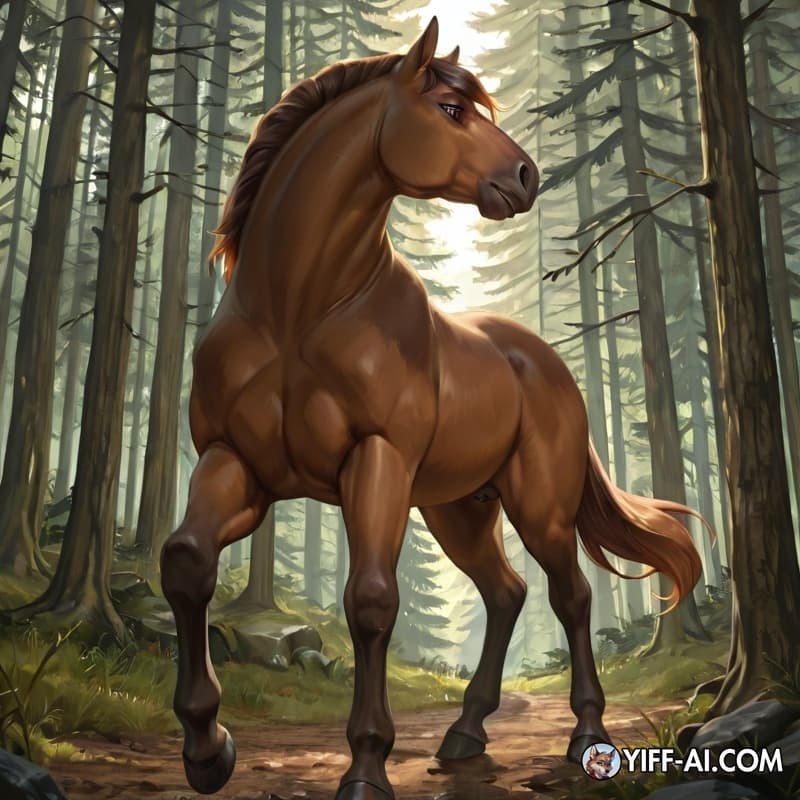Beautifull brown mare standing in forest from behind.mare exposing pussy.mare is looking back on you.naked man standing behind mare.