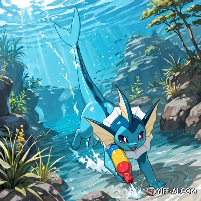 Pokémon character Vaporeon is a Water-type Pokémon and one of Eevee’s evolutions. Vaporeon has a smooth blue body, fin-like ears, a white frill around its neck, and a fish-like tail that helps it swim