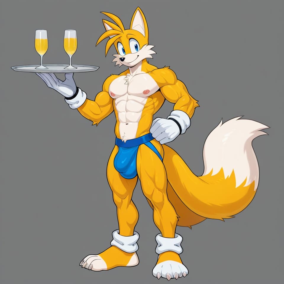 male fox , Tails_Nine by Sonic, yellow_fur, 2_tails, muscular, adult anatomy ,abs, six-pack, standing, white_gloves, jockstrap, detailed_bulge, mediun bulge, full body, three-quarter_view, hand a