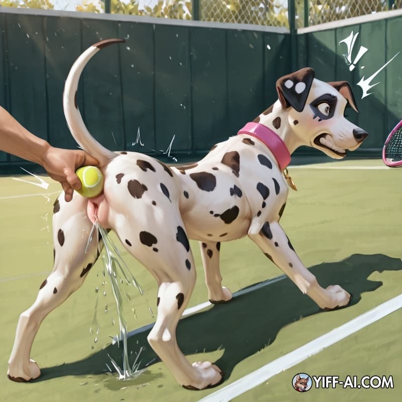 dog, feral, female, dalmatian, canid, animal_genitalia, canine_vulva, slim, human, anal_insertion, tennis_ball_in_vulva, vaginal_squirting, side_view, presenting_hindquarters, raised_tail, tears_of_pa