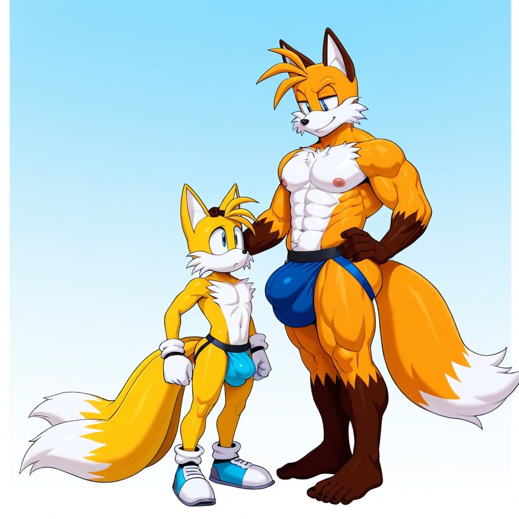 duo, 2 _boys, male fox, Tails by Sonic, orange_fur, 2_tails, muscular, abs, six-pack, standing, hand_on_hip, male fox , Tails_Nine by Sonic, yellow_fur, 2_tails, muscular, abs, six-pack, standi