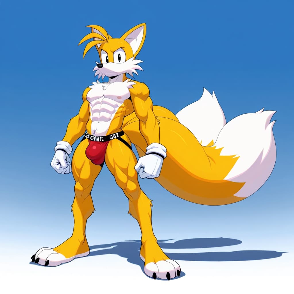 solo, anthro, fox, yellow_fur, nine_(sonic), male, muscular, abs, six-pack, 2_tails, white_gloves, jockstrap, detailed_bulge, medium_bulge, standing, full_body, three-quarter_view, full body,