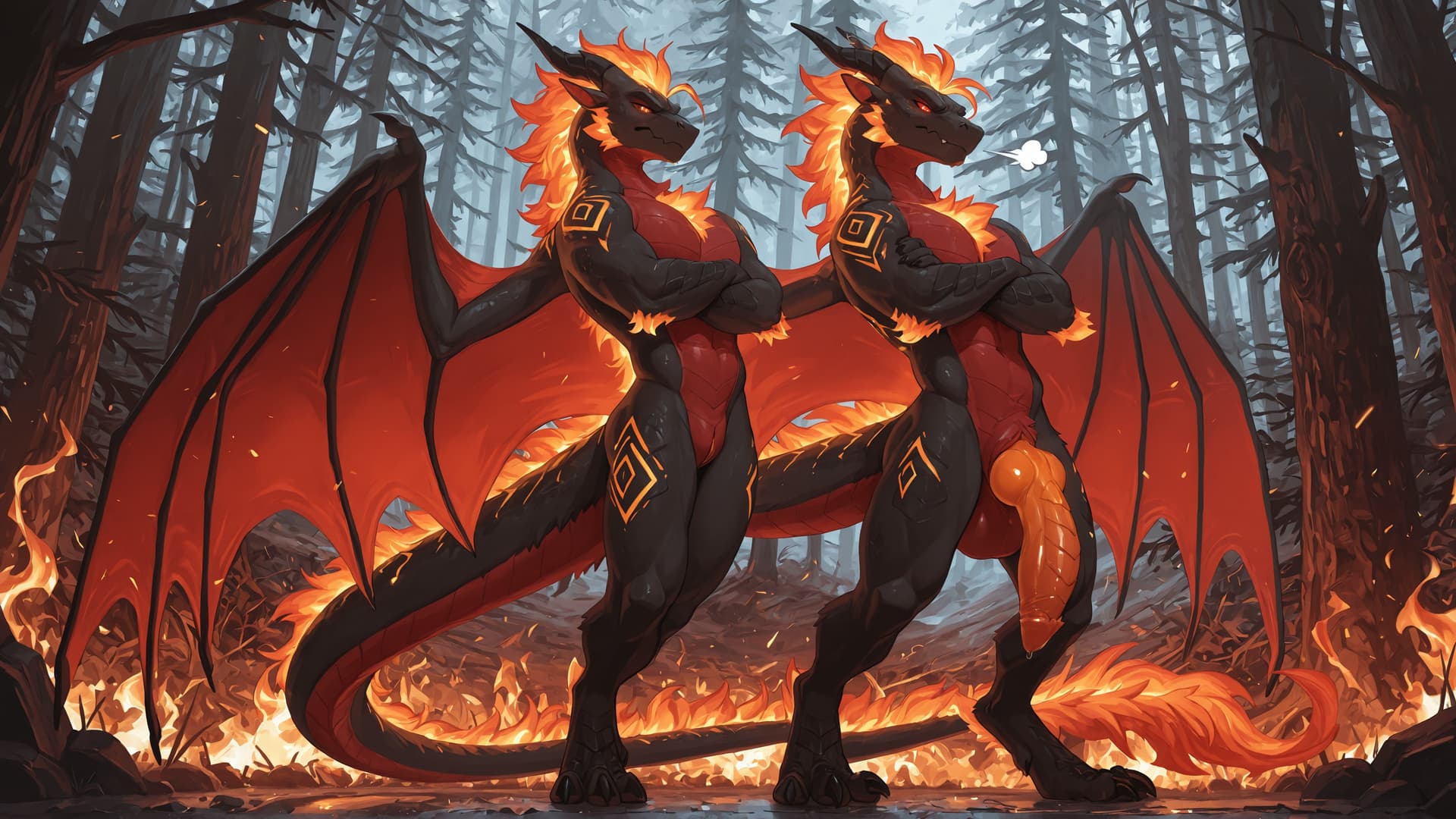 by_kluclew, solo, solo, demonic, anthro, dragon, vantablack_fur, furred_dragon, furry_tail, digitigrade, three_toes, clawed_feet, fire_mane, fire_spine, runic_markings, glowing_markings, glowing_eyes,