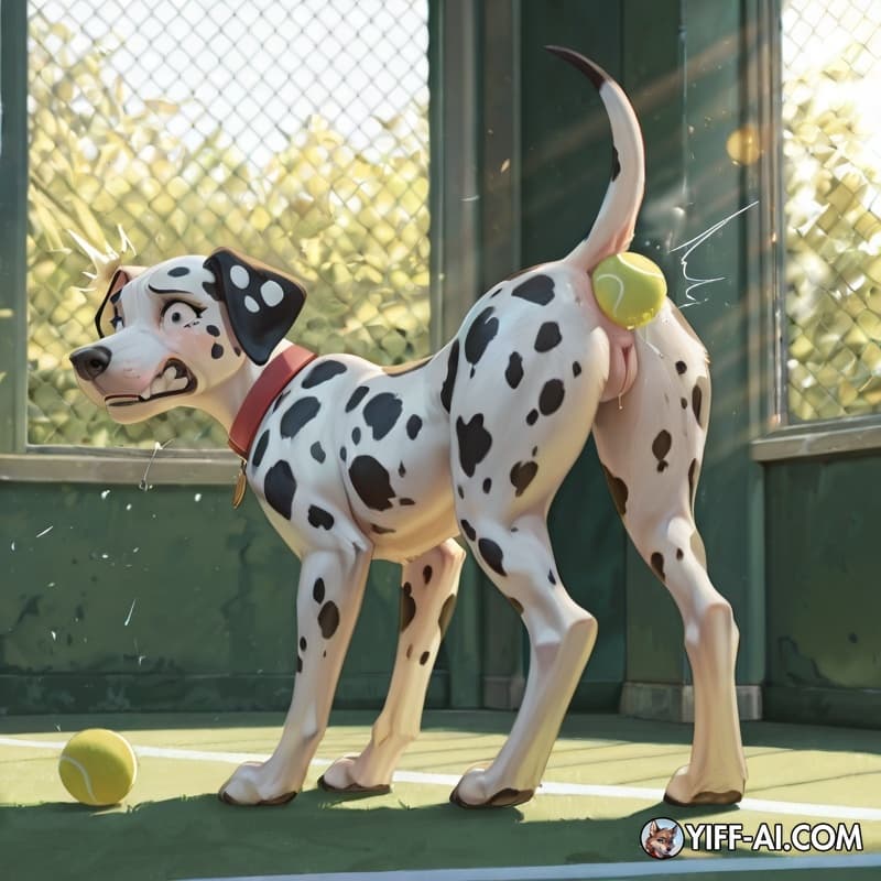 dog, feral, female, dalmatian, canid, animal_genitalia, animal_vulva, slim, anal_insertion, tennis_ball_in_ass, side_view, presenting_hindquarters, raised_tail, tears_of_pain, clenched_teeth, surpris