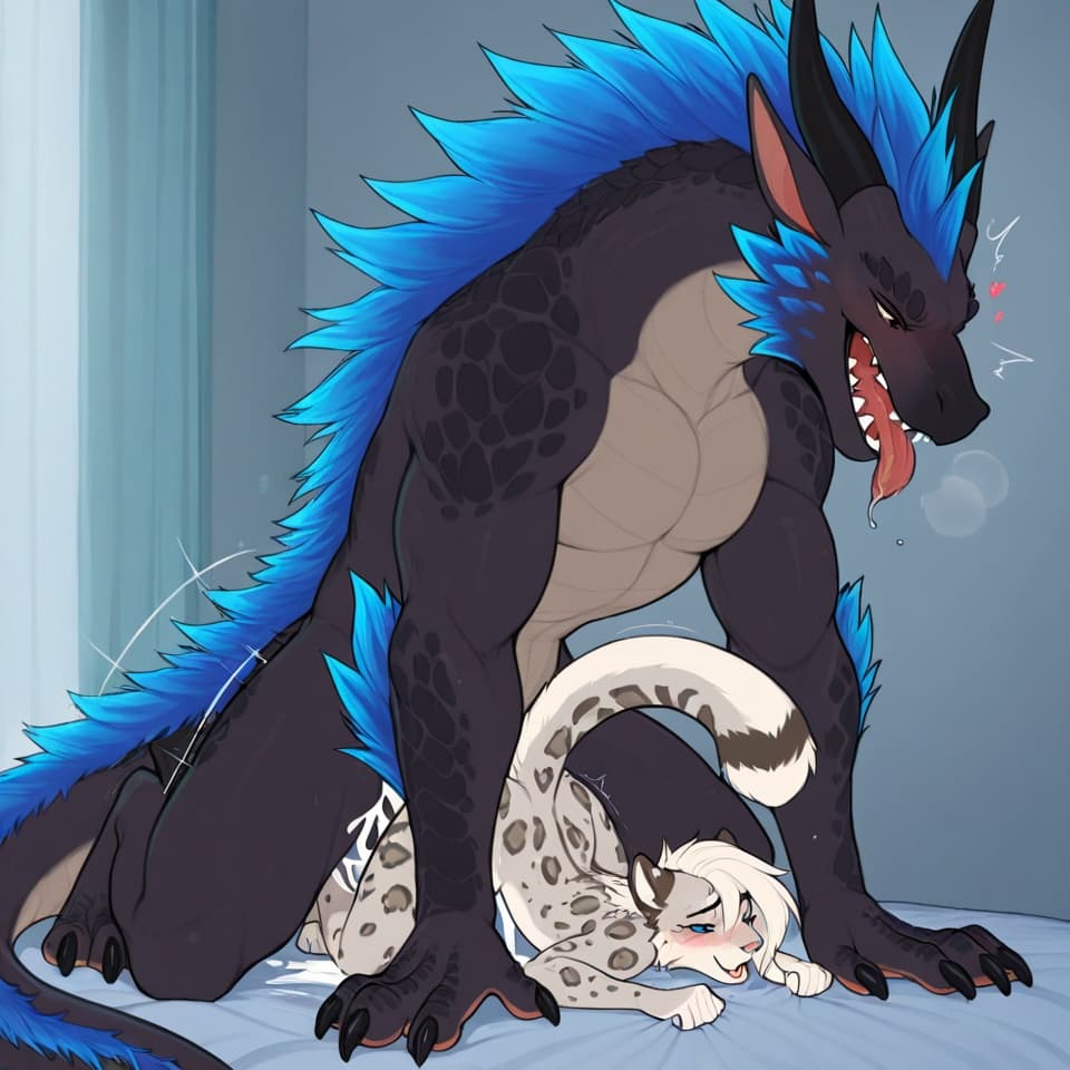 (Male dragon (feral:1.3)), (female snow_leopard ) male_penetrating, female_penetrated, fully_inside, size_difference, larger_male, large_penetration, cum_inside,