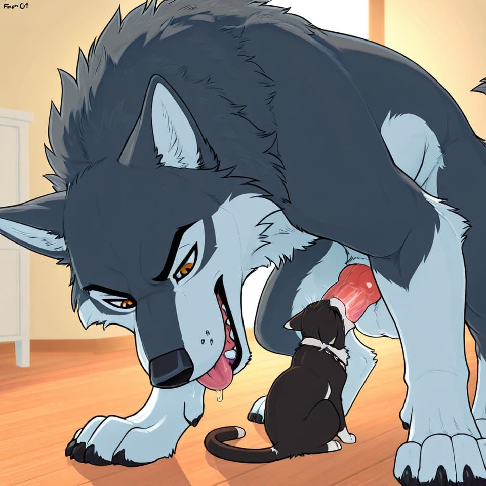 (Male wolf, huge, (feral:1.3), humanoid_penis), (female house_cat, (feral:1.3)), oral_penetration, feral_on_feral, feral_penetrating_feral, size_difference, larger_male, random_position,