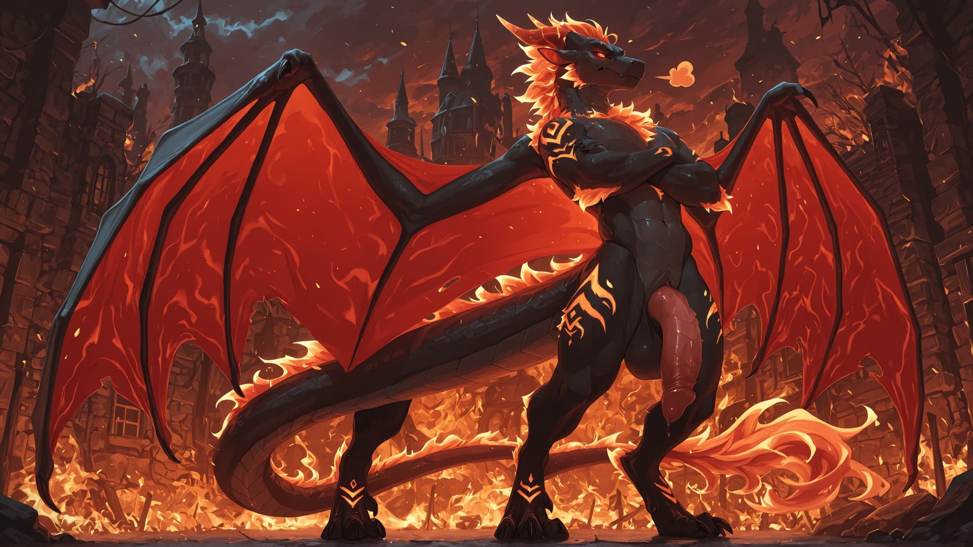 by_kluclew, solo, solo, demonic, anthro, dragon, black_fur, furred_dragon, furry_tail, digitigrade, three_toes, clawed_feet, fire_mane, fire_spine, runic_markings, glowing_markings, glowing_eyes, red_