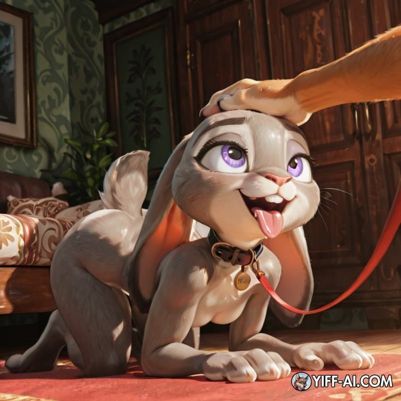 Solo, Judy Hopps, collar, leash, on all fours, tongue out, pet play, petting