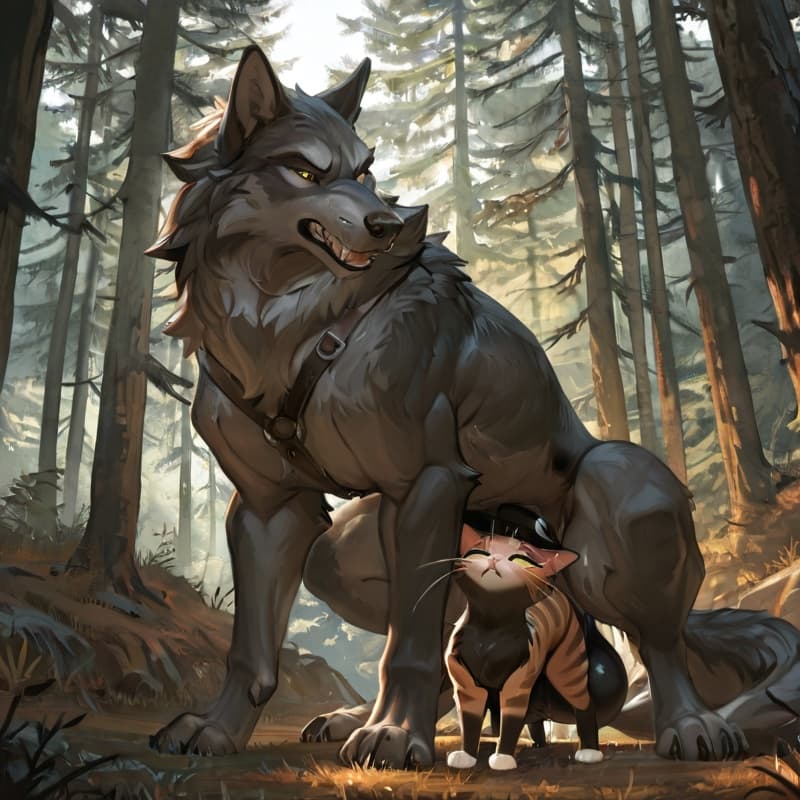 (Male wolf big_penis (feral:1.3)), +(female cat (feral:1.3)), male_penetrating, female_penetrated, fully_inside, larger_male, (extreme_size_difference:1.3), (extreme_penetration:1.3),