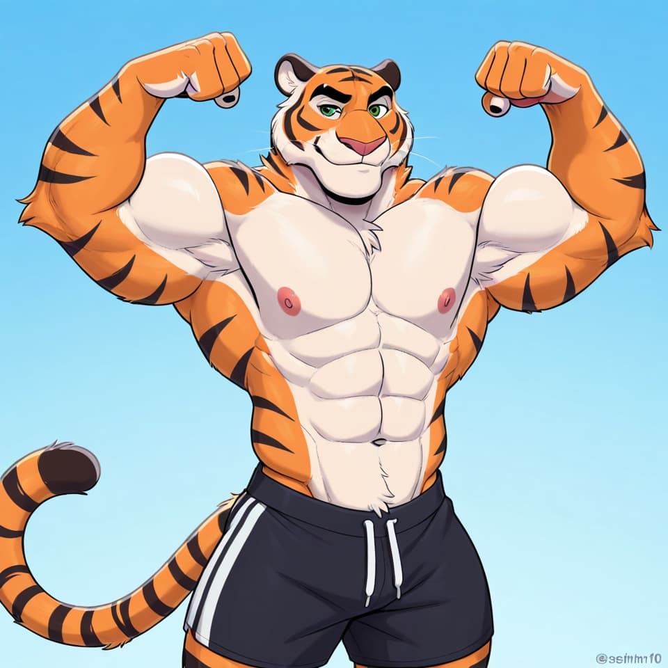 Solo, anthro, zootopia tiger, shirtless_male, black gym shorts, green eyes, bearish_build/buff/large muscles, realstic styling, have him flexing