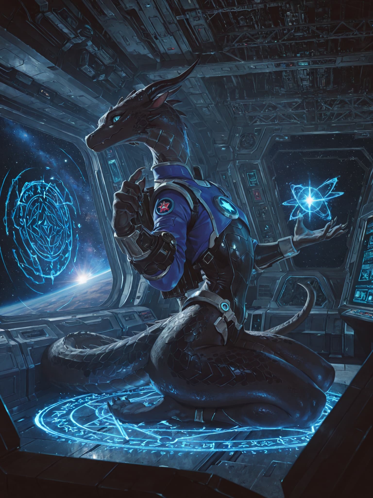 solo, dragon, (feral), female, black_scales, space_captain’s_uniform, (((sitting_on_raised_dais))), sitting_on_haunches, (floating_runes_around_dais), (sitting_upright), spacecraft_bridge, operating_s