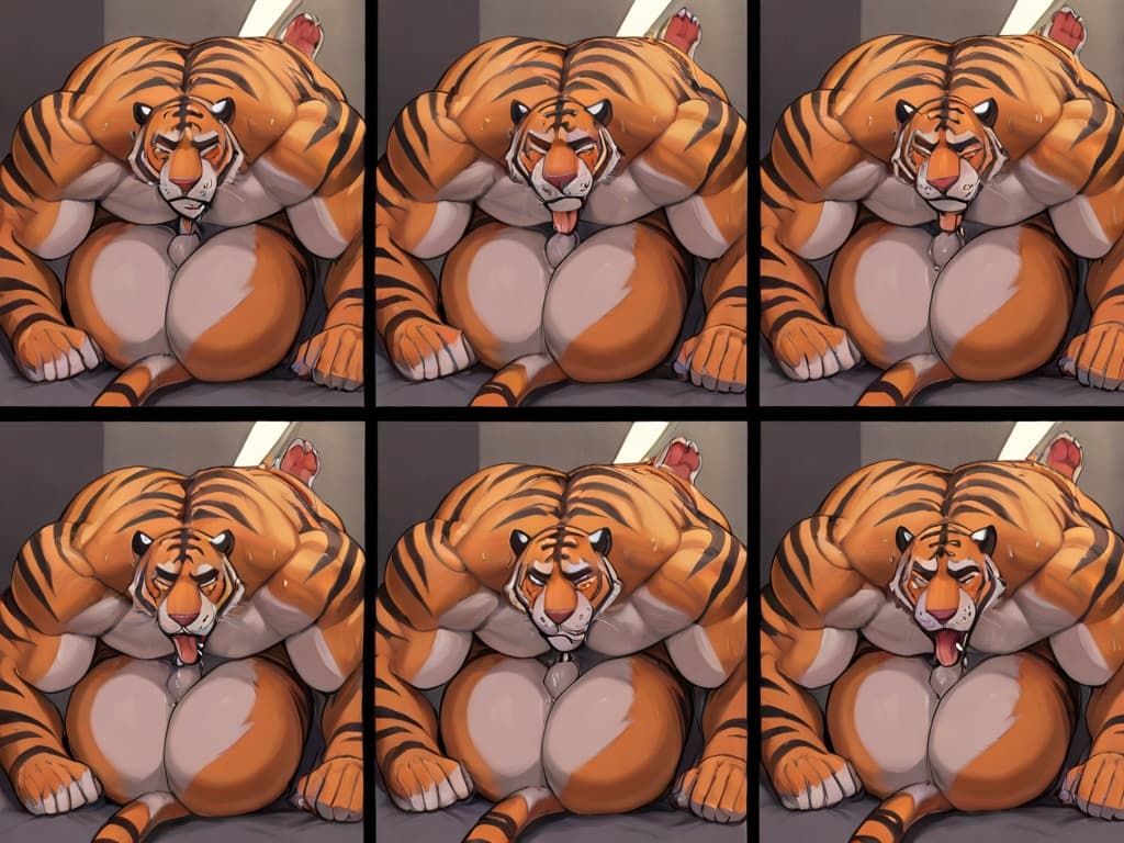 masterpiece, best_quality, ultra_detailed, highres, explicit_bara_yiff, comic style, comic page layout,
muscular orange tiger with black stripes and soft round belly (PapiTigre) eating the ass of mus