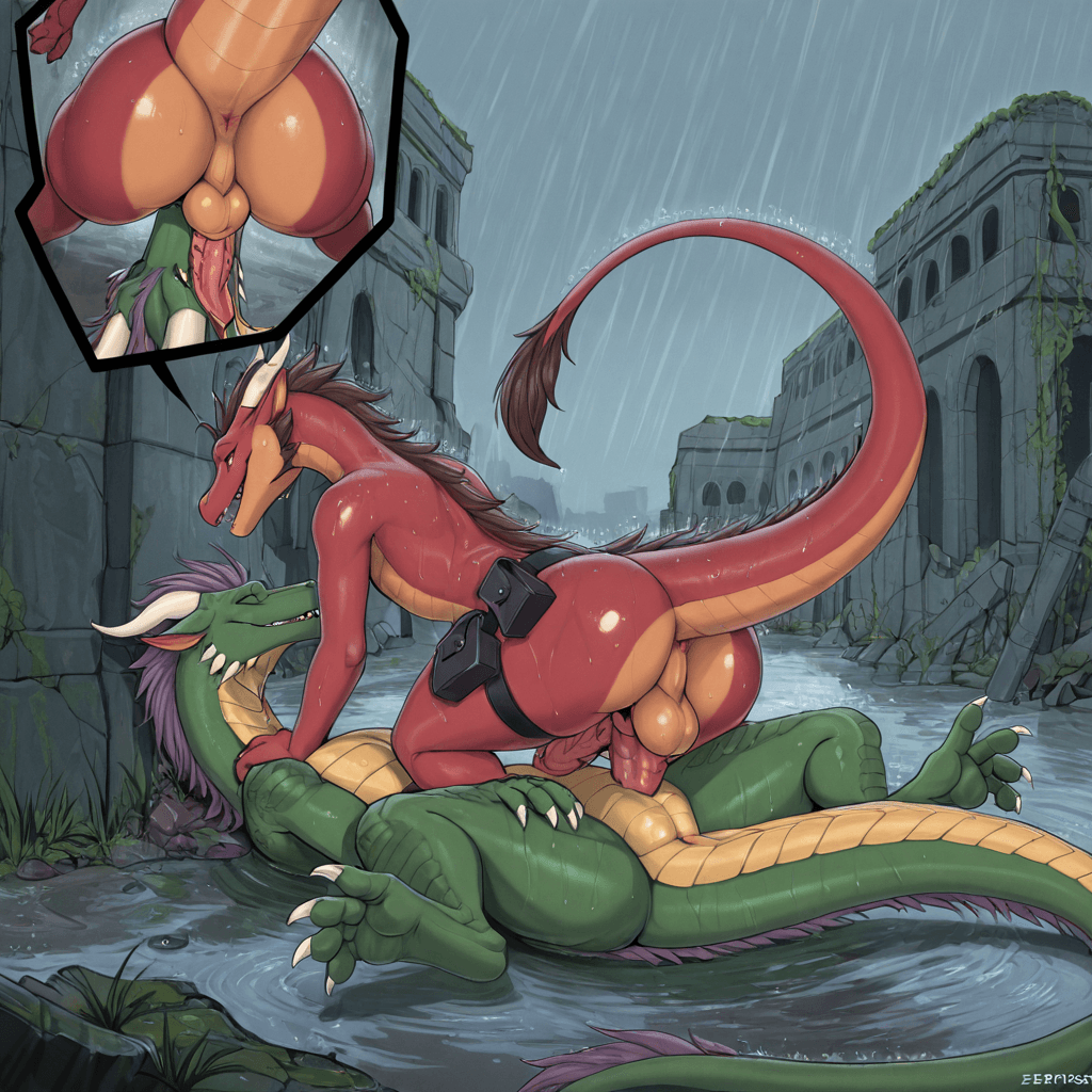 By Narse, By Tojo the thief, By Zonkpunch , by Etheross Feral, eastern dragon , serpent, sheathed_tapering_penis, spiked_penis, testicles, belt_pouch, belt leg duo_focus, butt, anus, ruins, Playful,