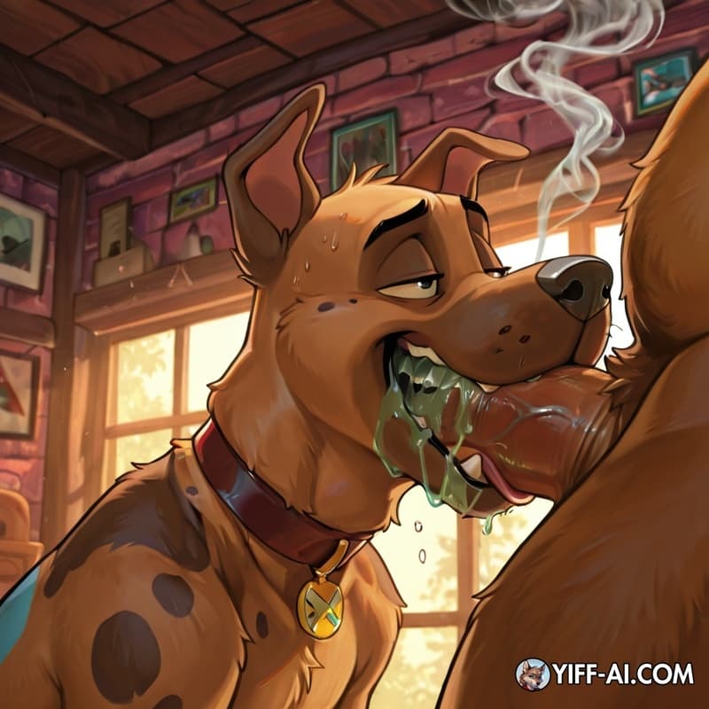duo, furry, dog, anthro, male, gay, oral_vore, stoned, courage_the_cowardly_dog, swallowing, Scooby, smoking_marijuana, soft_vore, smoke_from_mouth, same_size_vore, male/male, sex
