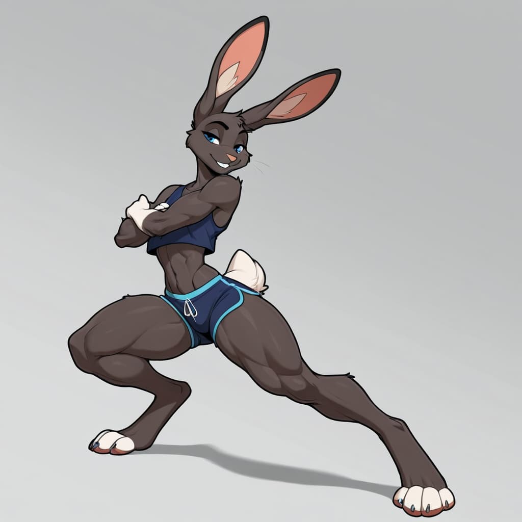 Solo, male, anthro, jackrabbit, black_fur, white_tail, muscular_thighs, muscular_legs, slim_upper_body, long_ears, digitigrade_feet, blue_eyes, short_shorts, croptop_tshirt