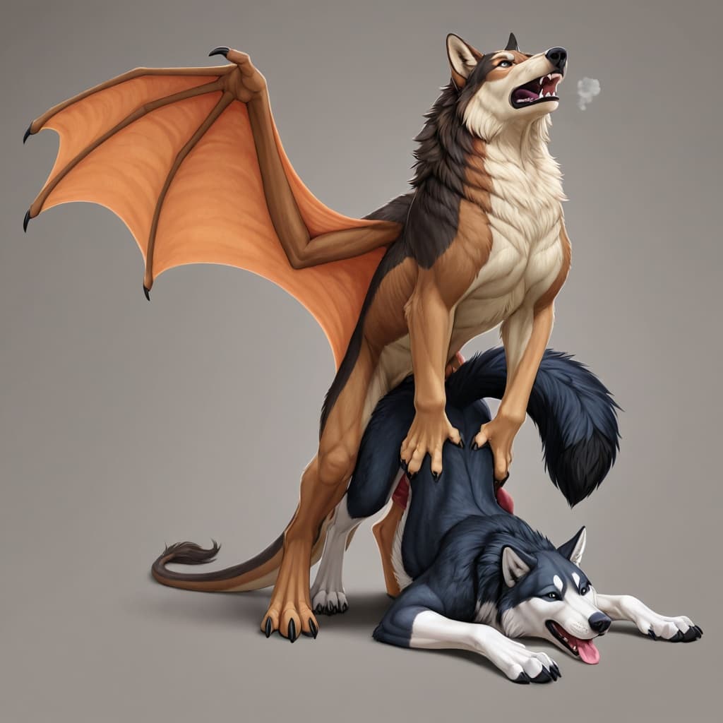 By_neshi, anthro, female, dragon, furred_dragon, small_breasts, slim_anthro, digitigrade, three_toes, dragon_claws, stretched_pussy, ridiculous_fit BREAK feral, realistic_feral, wolf, quadruped, wolf_