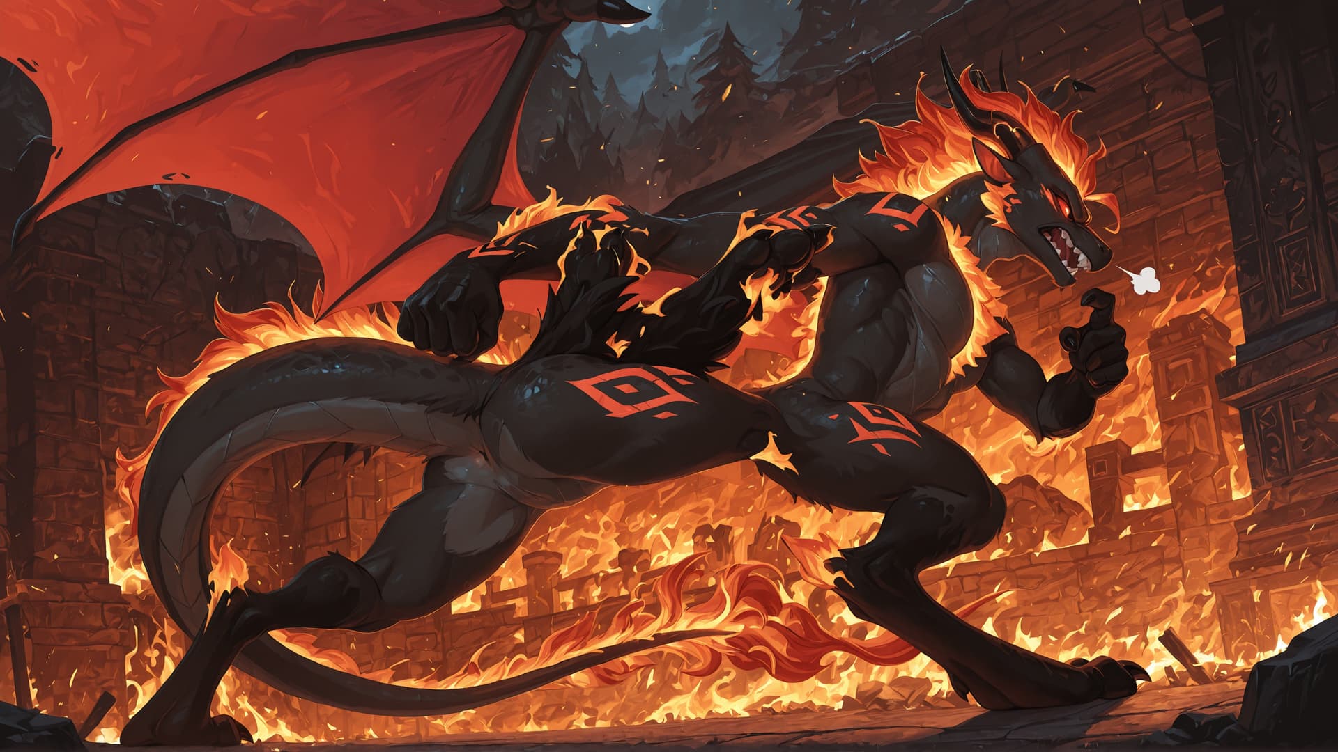 by_kluclew, solo, demonic, anthro, dragon, black_fur, furred_dragon, furry_tail, digitigrade, three_toes, clawed_feet, fire_mane, fire_spine, runic_markings, glowing_markings, angry, glowing_eyes, red