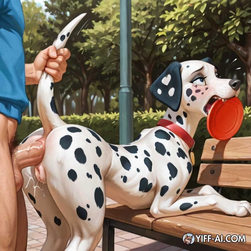 dog, feral, female, dalmatian, canid, animal_genitalia, animal_vulva, slim, human, human_penetrating_feral, penis_in_ass, anal_penetration, side_view, park_bench, presenting_hindquarters, raised_tail,