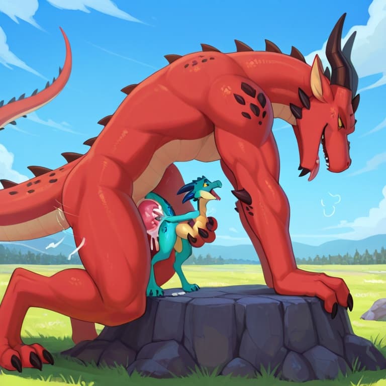 trio, dragon, kobold, male, female, larger_male, big_penis, size_difference, nude, vaginal_penetration, living_condom, cum_in_vagina, playful, outside, (feral_penetrating:1.3), (feral_male:1.3), (domi
