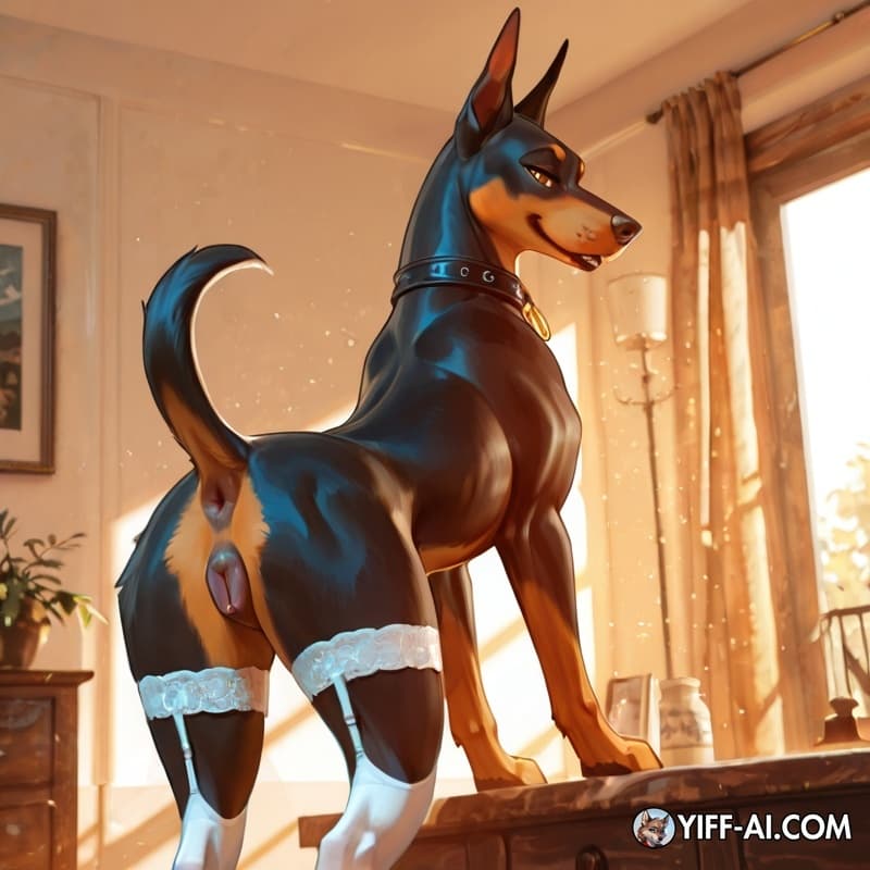 A dog, doberman, (((feral))), (((animal))), skinny, yellow eyes, cut tail. Collar, white stockings. Standing, Backwards, looking back, smiliing sensually, half open eyes, showing her doggy pussy, sens