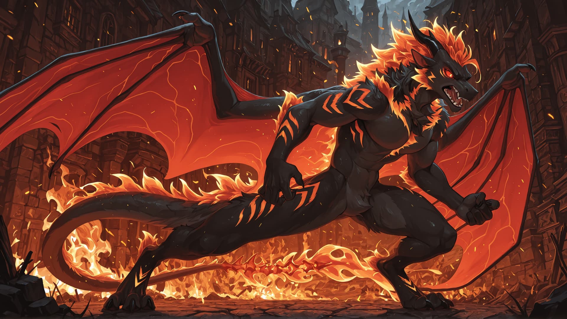 by_kluclew, solo, demonic, anthro, dragon, black_fur, furred_dragon, furry_tail, digitigrade, three_toes, clawed_feet, fire_mane, fire_spine, runic_markings, glowing_markings, angry, glowing_eyes, red