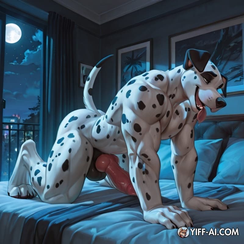 Solo, anthro, Dalmatians, teenager, adult, muscular_anthro, muscular_male, digitigrade, big_feet, big_paw, big_hands, big_cock, knot, cock, doggystyle, bed, horny, night, licking_his_own_foot