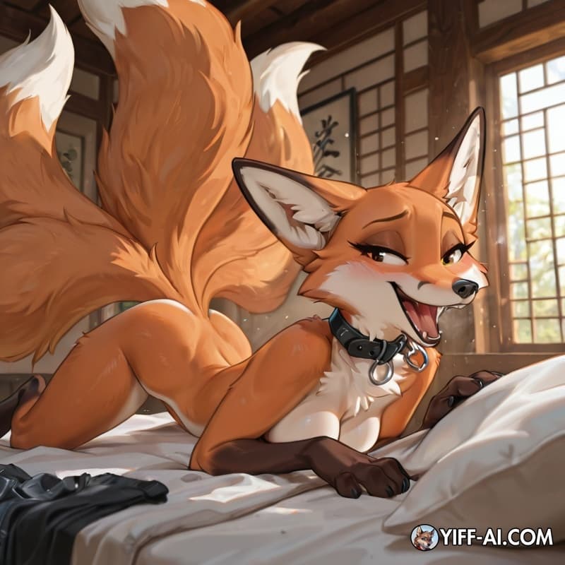 At the base of the tail, insert at the base, fox, 9 tails, female dominant, female, a collar around the male's neck, the female leads the male, the male is forced to insert, the female has her back to