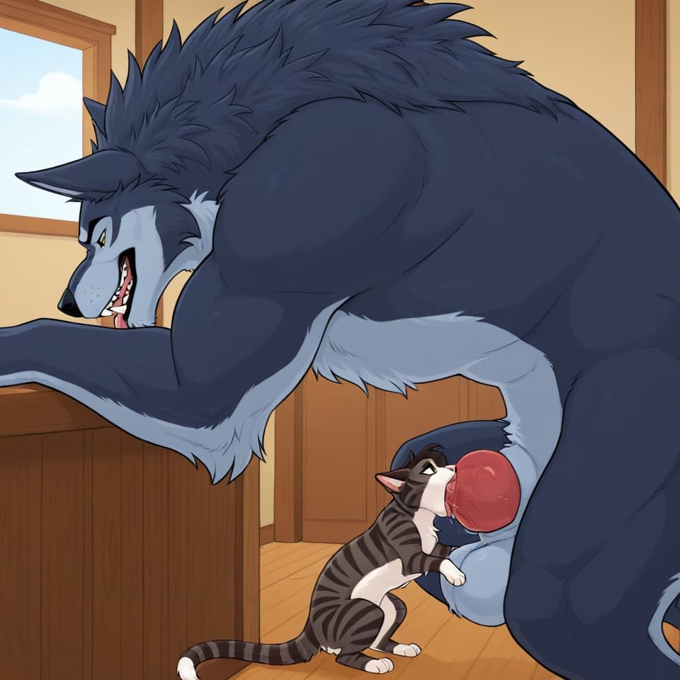 Duo, (Male wolf, huge, (feral:1.3), humanoid_penis), (female house_cat, (feral:1.3)), oral_penetration, feral_on_feral, feral_penetrating_feral, size_difference, larger_male, (female_penetrated:1.3),