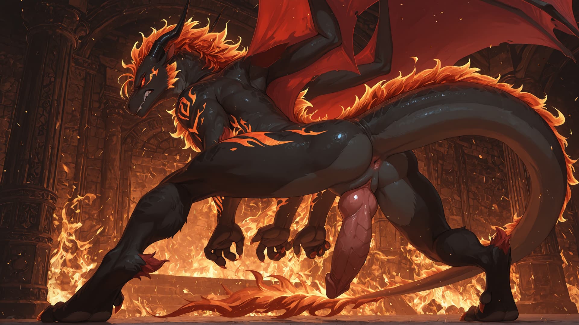 by_kluclew, solo, demonic, anthro, dragon, black_fur, furred_dragon, furry_tail, digitigrade, three_toes, clawed_feet, fire_mane, fire_spine, runic_markings, glowing_markings, angry, glowing_eyes, red