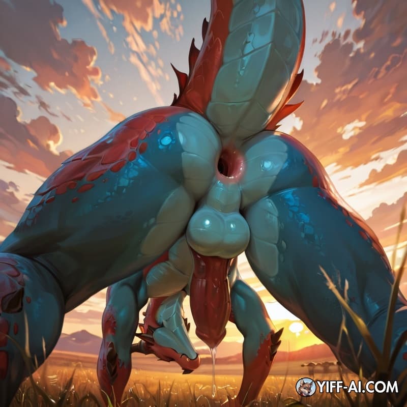 male_penetrating_male, dragon, red_body, blue_body, scales, field, sunset, gaping, precum_drip,
