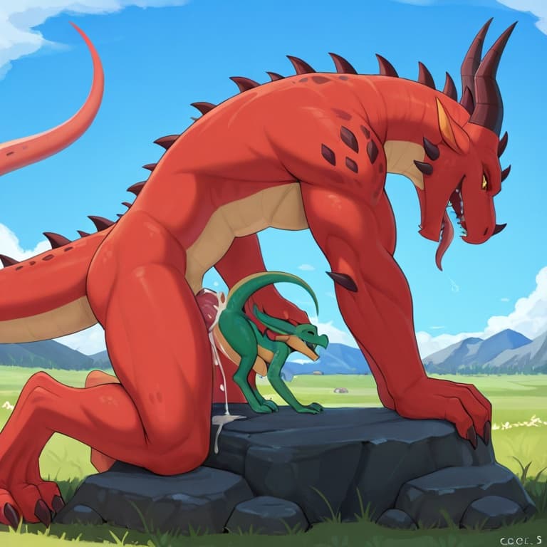 trio, dragon, kobold, male, female, larger_male, big_penis, size_difference, nude, vaginal_penetration, living_condom, cum_in_vagina, playful, outside, (feral_penetrating:1.3), (feral_male:1.3), (domi
