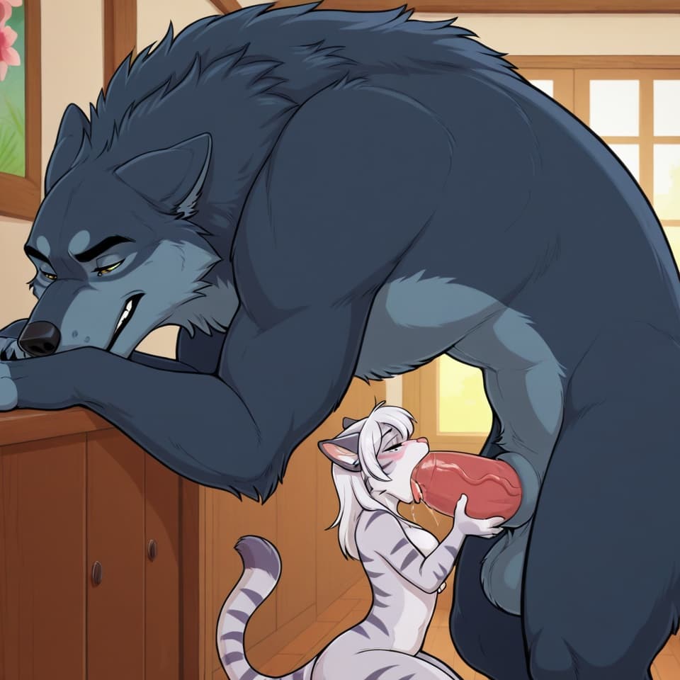 (Male wolf, huge, (feral:1.3), humanoid_penis), (female house_cat, (feral:1.3)), oral_penetration, feral_on_feral, feral_penetrating_feral, size_difference, larger_male, (female_penetrated:1.3)