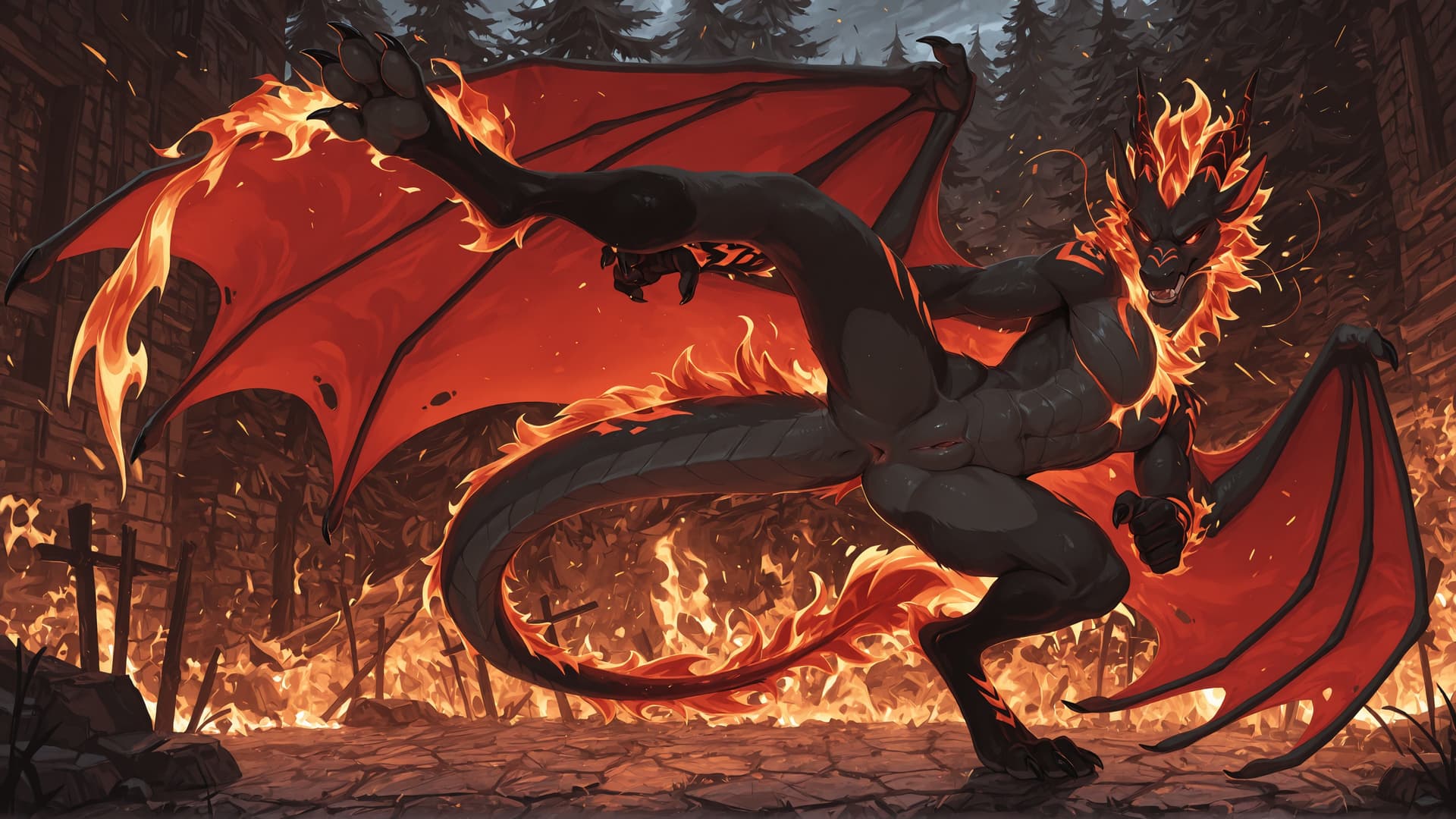 by_kluclew, solo, demonic, anthro, dragon, black_fur, furred_dragon, furry_tail, digitigrade, three_toes, clawed_feet, fire_mane, fire_spine, runic_markings, glowing_markings, angry, glowing_eyes, red
