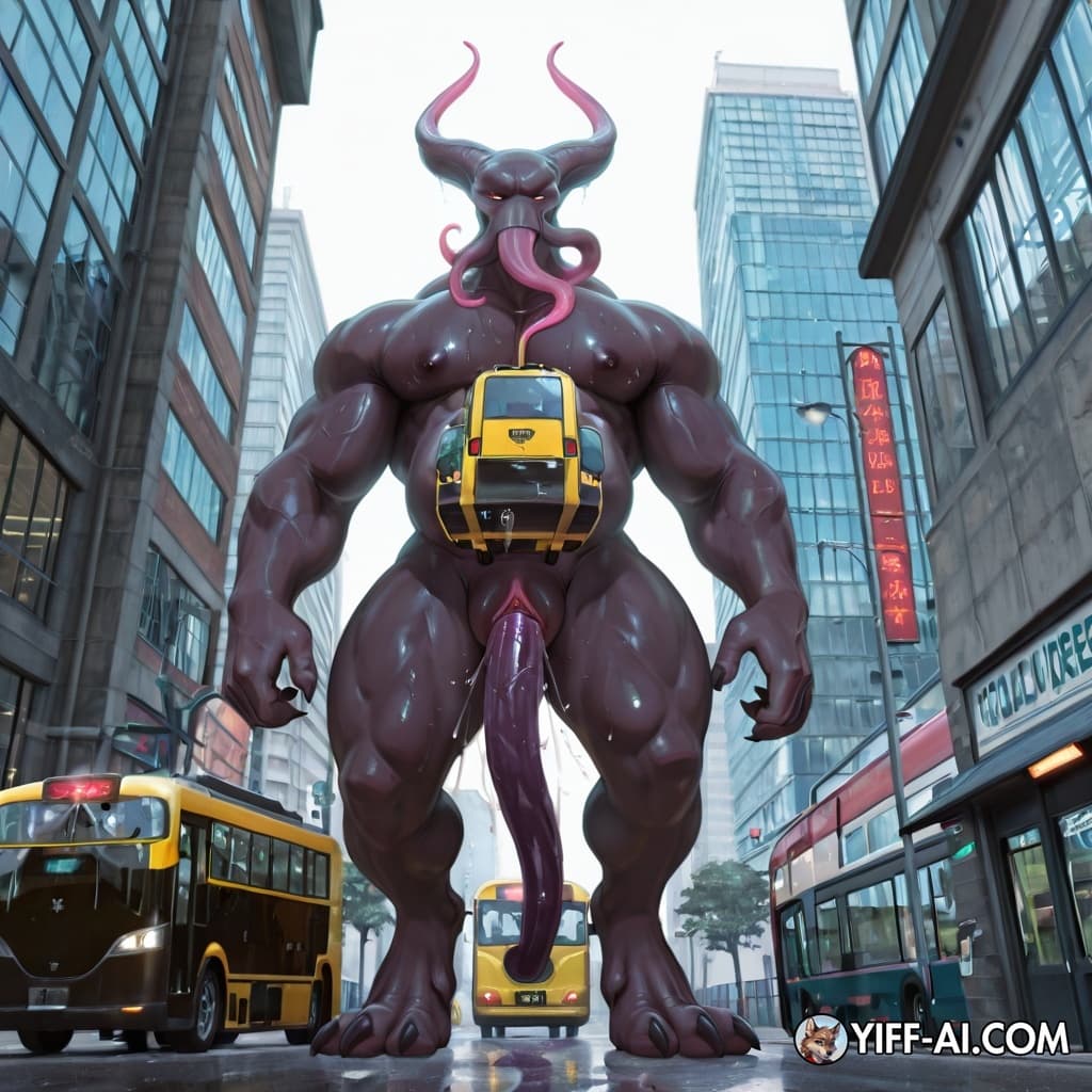 Mindflayer, mind_control, muscular_anthro, nude_anthro, big_feet, genital_slit, giant, massive size difference, low angle view from street level, hyper muscular anthro creature standing in city street