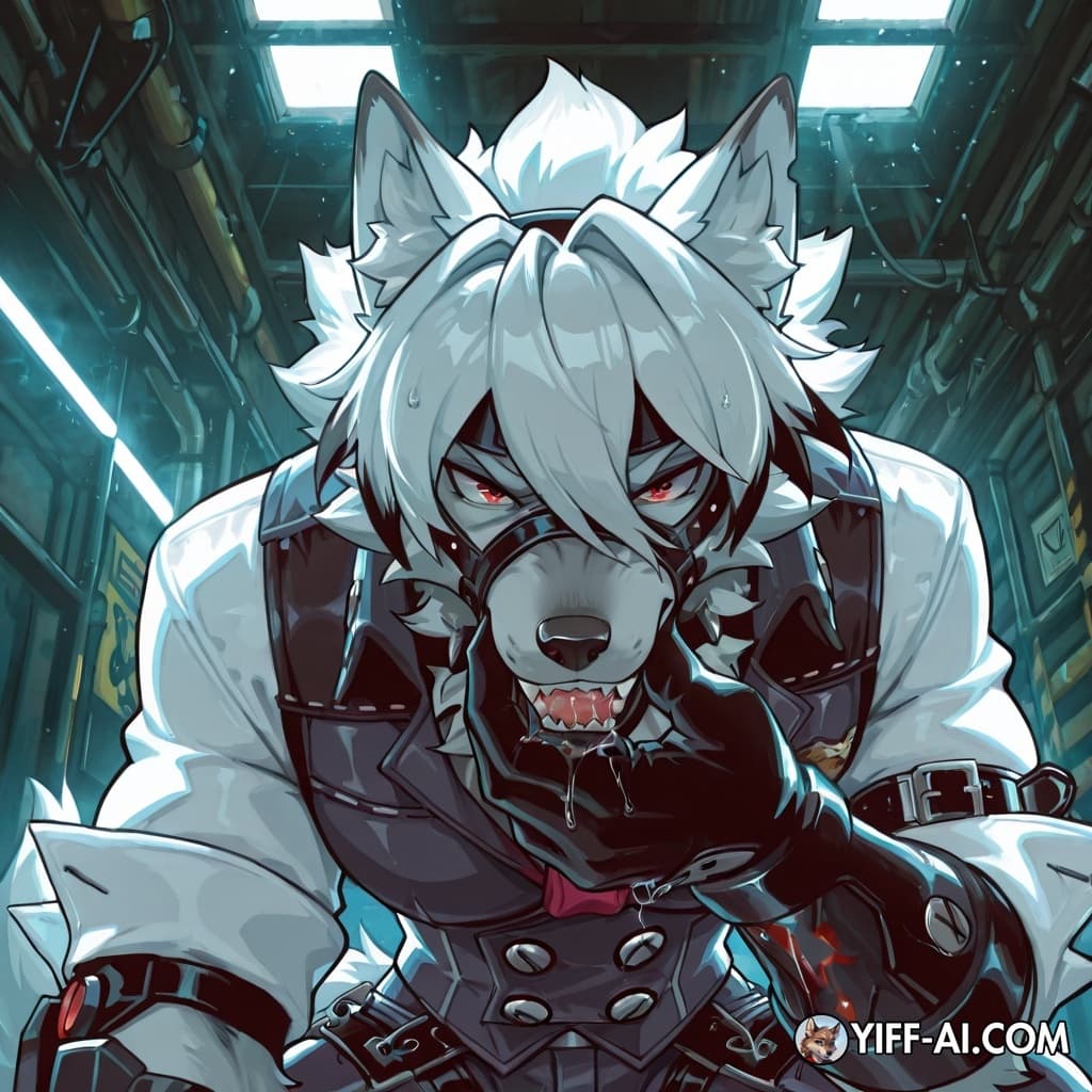 Von Lycaon, Zenless Zone Zero, anthro wolf, half-dressed, unbuttoned vest, feral snarl, dilated red eyes, biting glove. Mechanical legs pinning viewer. Detailed canine knot, flushed pink, heavy slick,