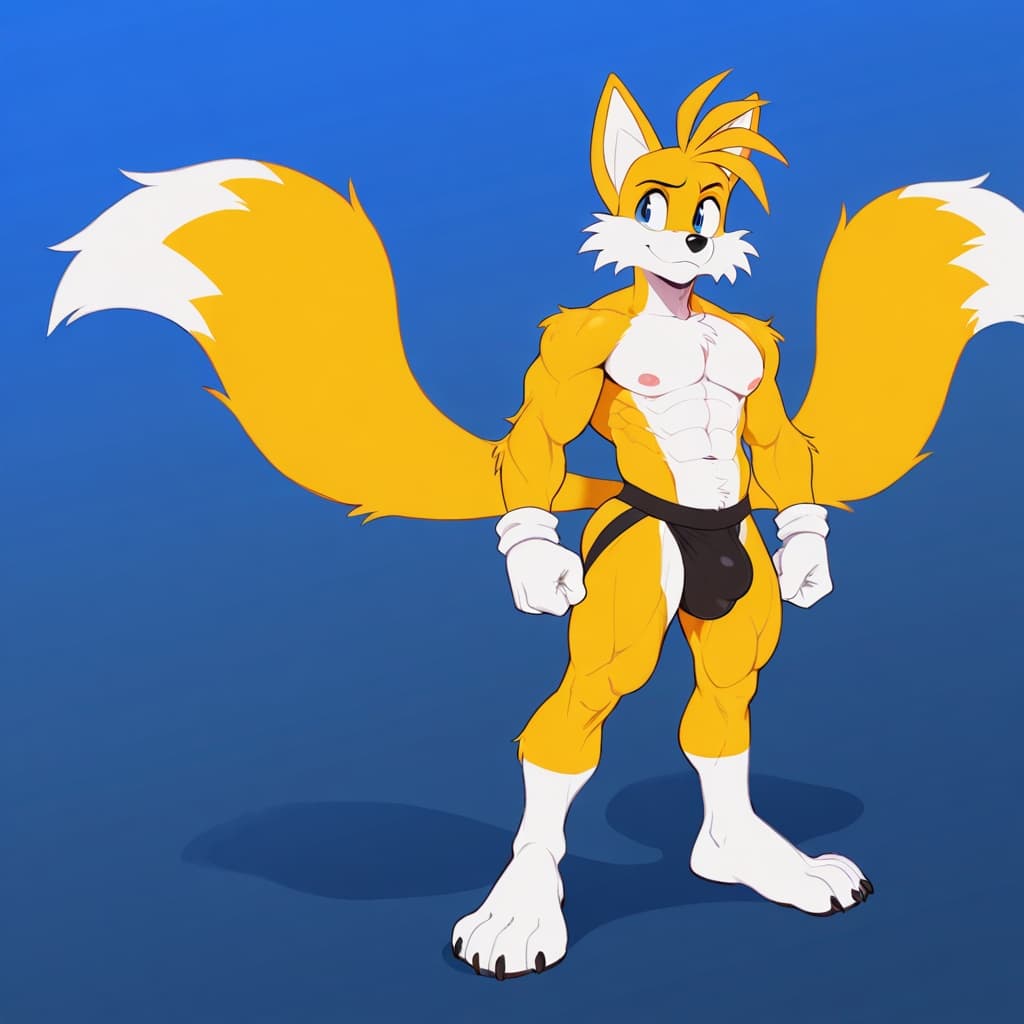 solo, anthro, fox, yellow_fur, Nine_(sonic prime), male, muscular, abs, six-pack, 2_tails, white_gloves, jockstrap, detailed_bulge, medium_bulge, standing, full_body, three-quarter_view, full body,