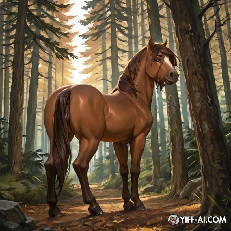 Beautifull brown mare standing in forest from behind.mare exposing pussy.mare is looking back on you.naked man standing beside mare.