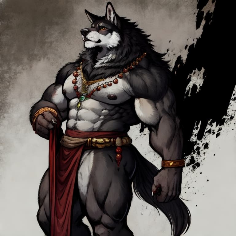 Umbra, a mature anthropomorphic black wolf warrior with a lean muscular build and grounded proportions. Thick layered black fur with dark charcoal gray accents across the chest and muzzle. Emerald gre