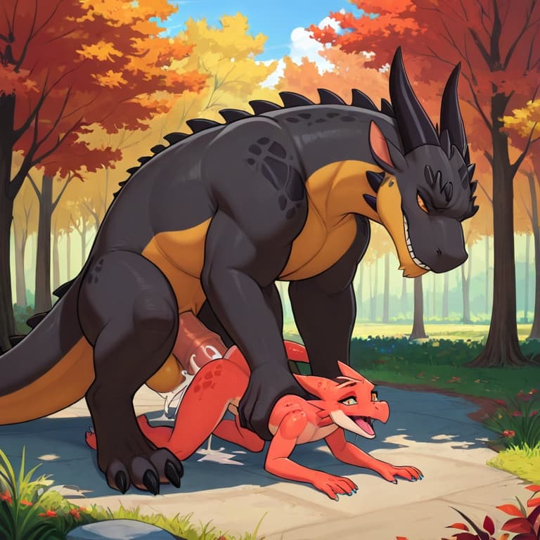 trio, feral, feral_male, human, kobold, male, female, larger_male, big_penis, size_difference, nude, on_all_fours, feral_penetrating, vaginal_penetration, living_condom, cum_in_vagina, fully_inside, b