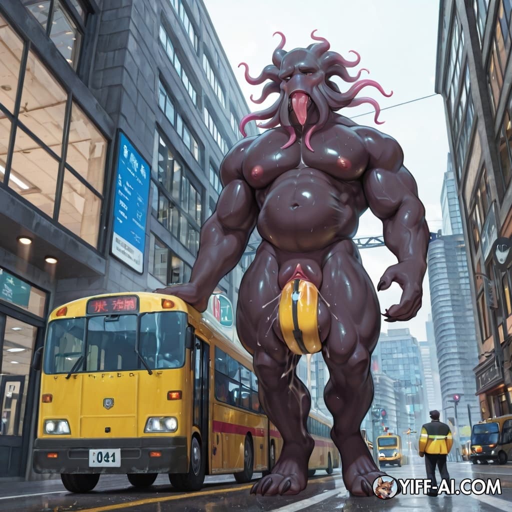 Mindflayer, mind_control, muscular_anthro, nude_anthro, big_feet, genital_slit, giant, massive size difference, low angle view from street level, hyper muscular anthro creature standing in city street