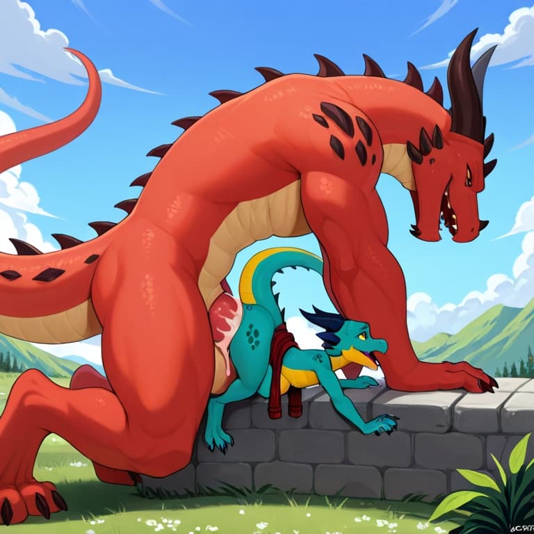 trio, dragon, kobold, male, female, larger_male, big_penis, size_difference, nude, vaginal_penetration, living_condom, cum_in_vagina, playful, outside, (feral_penetrating:1.3), (feral_male:1.3), (domi