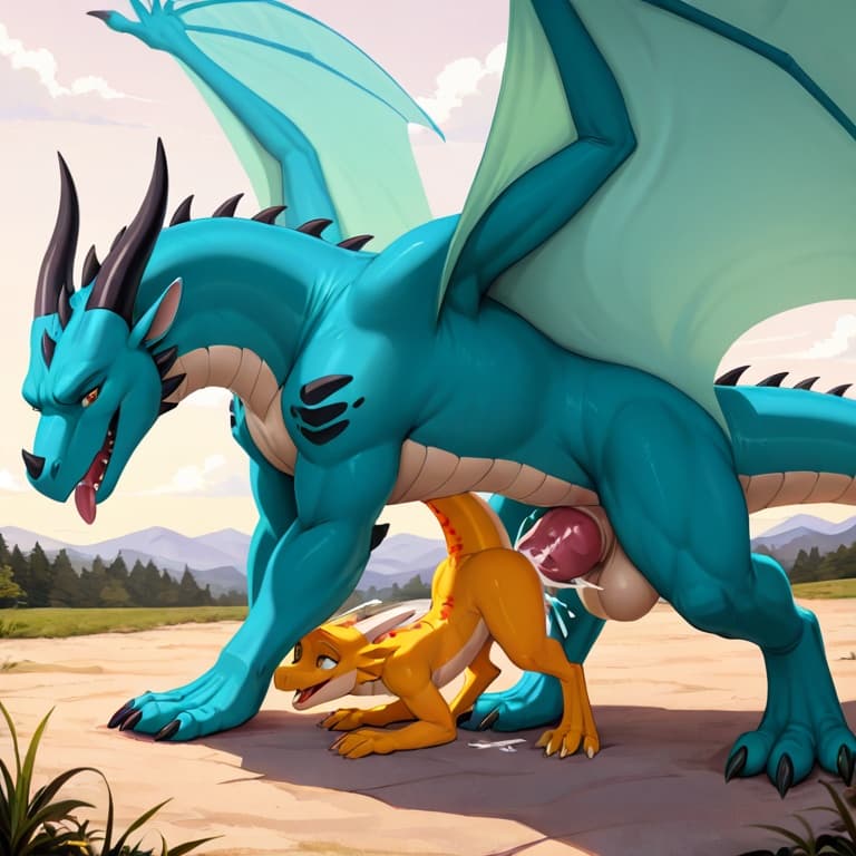 trio, feral, feral_male, dragon, kobold, male, female, larger_male, big_penis, size_difference, nude, on_all_fours, feral_penetrating, vaginal_penetration, living_condom, cum_in_vagina, fully_inside,
